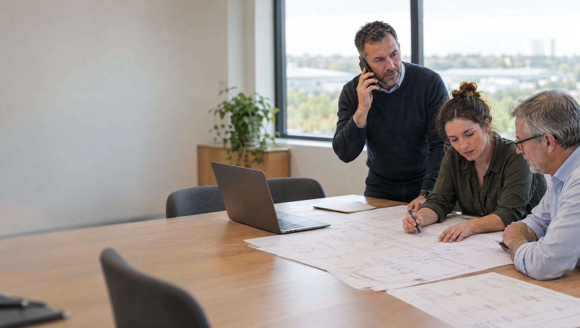 Engineers reviewing single-line diagrams in a meeting room while a colleague takes a call