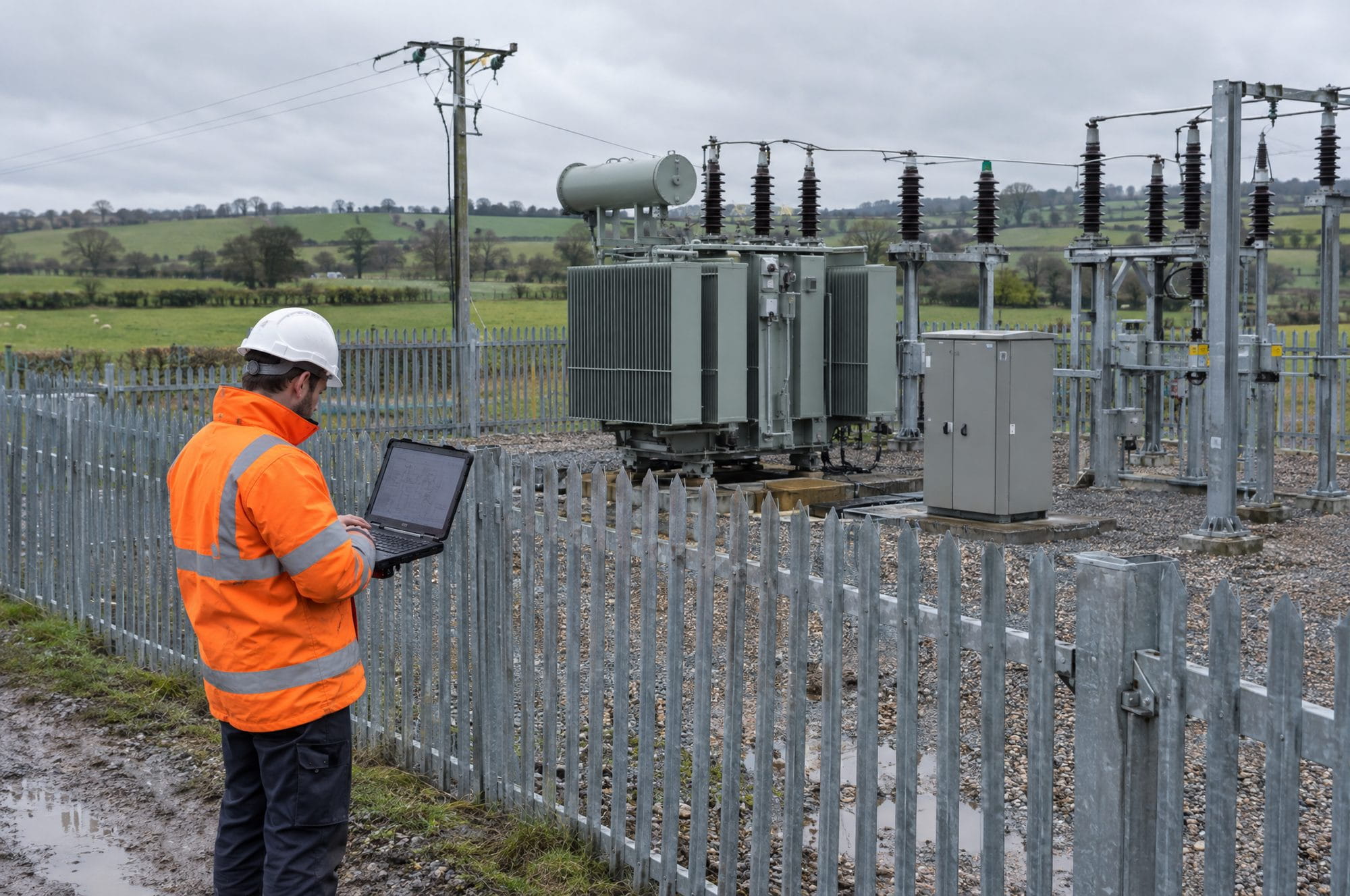 Engineer in hi-vis checking drawings on a laptop beside a rural substation compound