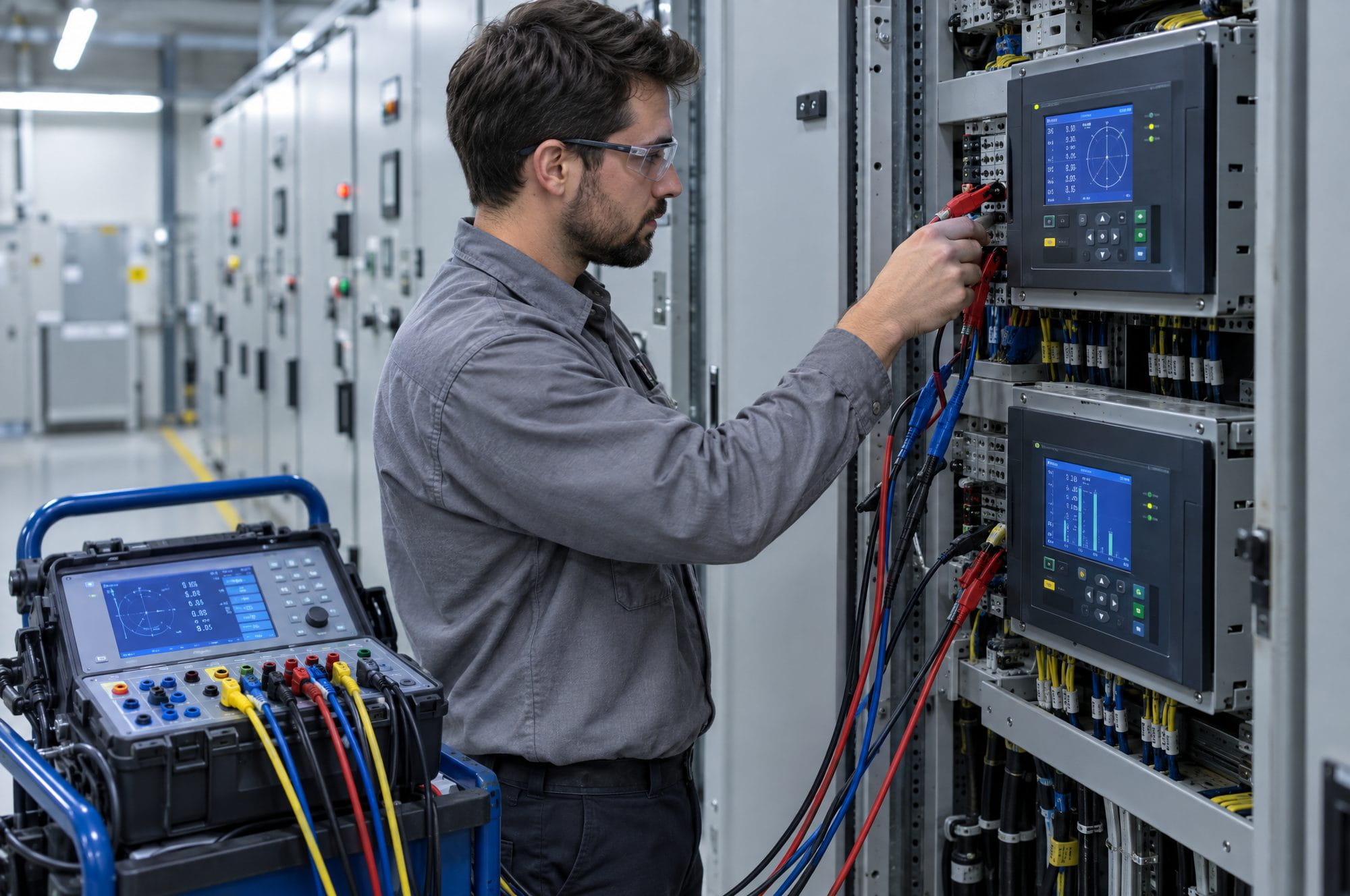 Engineer testing protection relays in a medium-voltage switchroom