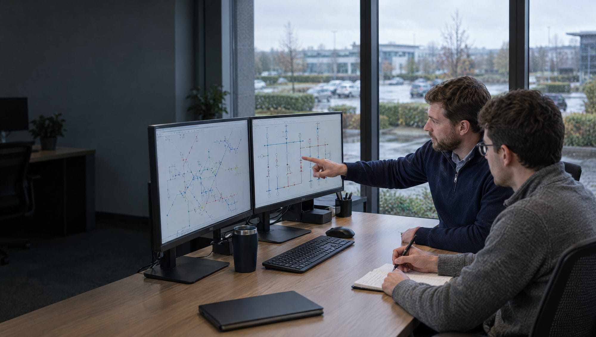 Two power engineers reviewing a network model and single-line diagram on desktop monitors